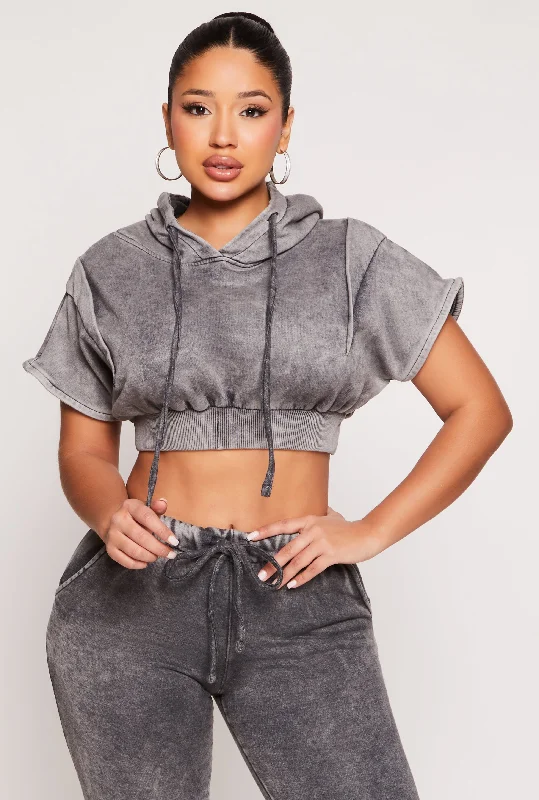 Acid Wash Short Sleeve Cropped Hoodie