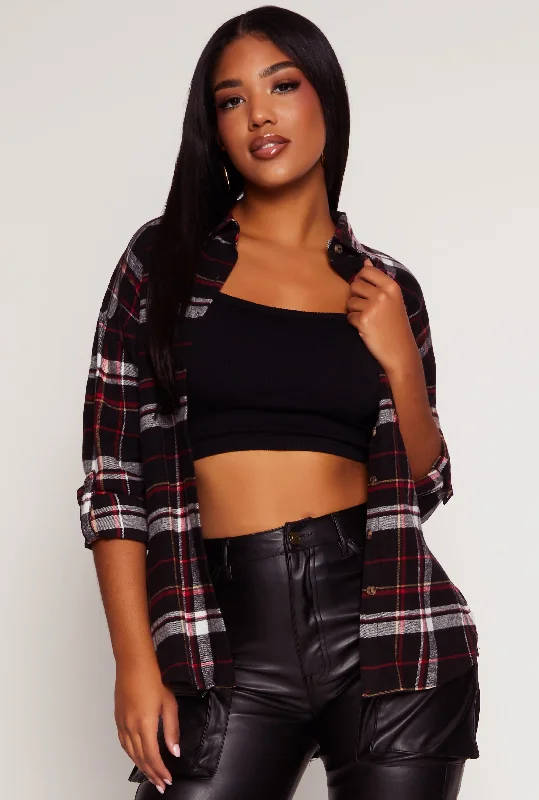 Plaid Flannel Tabbed Sleeve Shirt