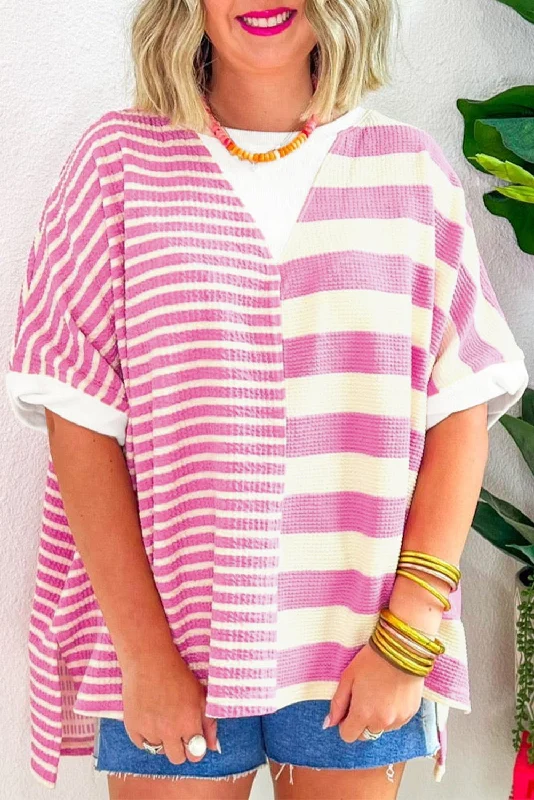 Pink Stripe Waffle Patchwork Short Sleeve High Low Loose T Shirt