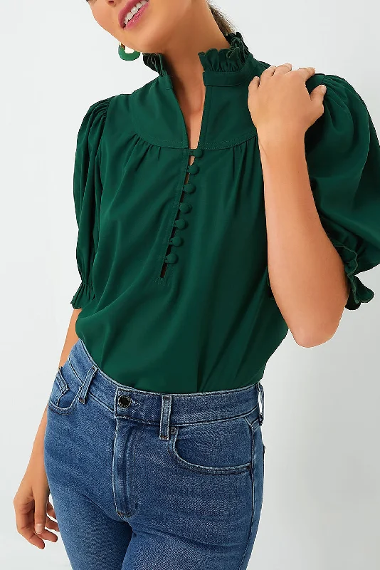 Blackish Green Plain Puff Sleeve Frill Trim Blouse