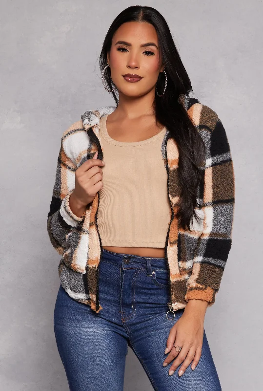 Sherpa Plaid Zip Front Hoodie