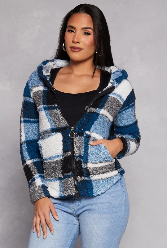 Sherpa Plaid Zip Front Hoodie