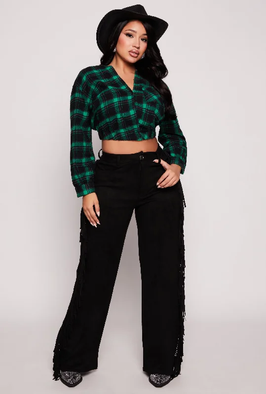 Spoon Jeans Plaid Faux Wrap Crop Top