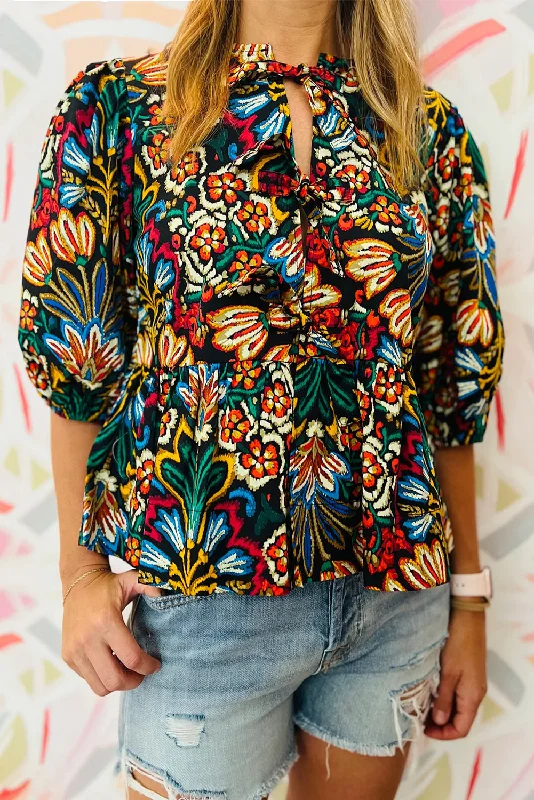 Black Bohemian Tropical Print Front Tie V-Neck Bubble Sleeve Blouse