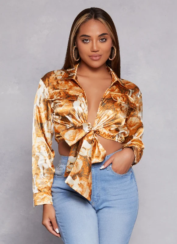 Satin Printed Long Sleeve Tie Front Blouse