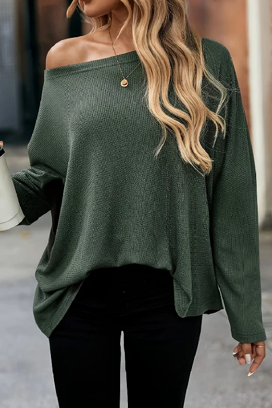 Vineyard Green Waffle Off Shoulder Batwing Sleeve Loose Top