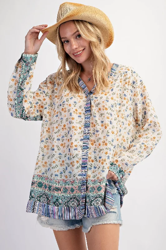 Plus Size Mixed Print Button Top