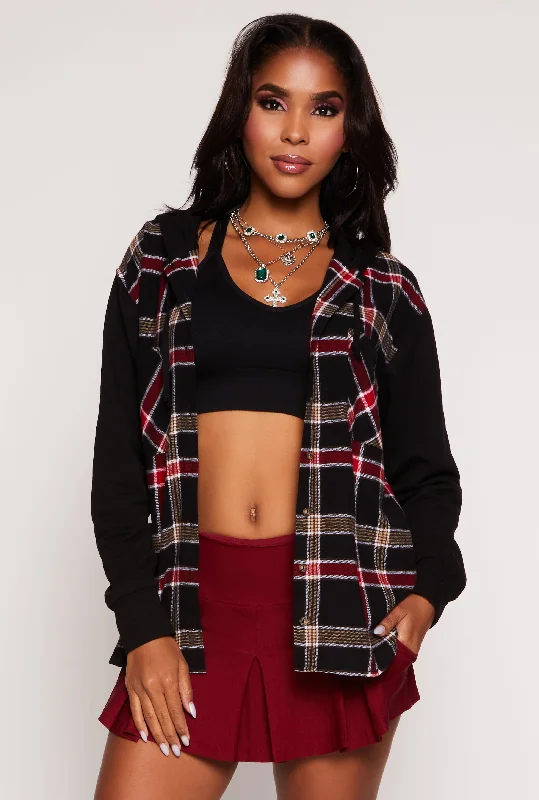 Plaid Button Front Hooded Shirt