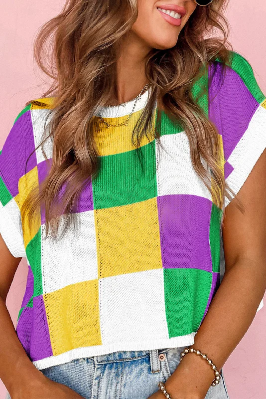 Tillandsia Purple Checkered Color Block Cap Sleeve Knitted Top