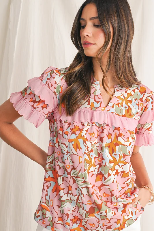 Multicolour Boho Floral V-Neck Ruffle Blouse