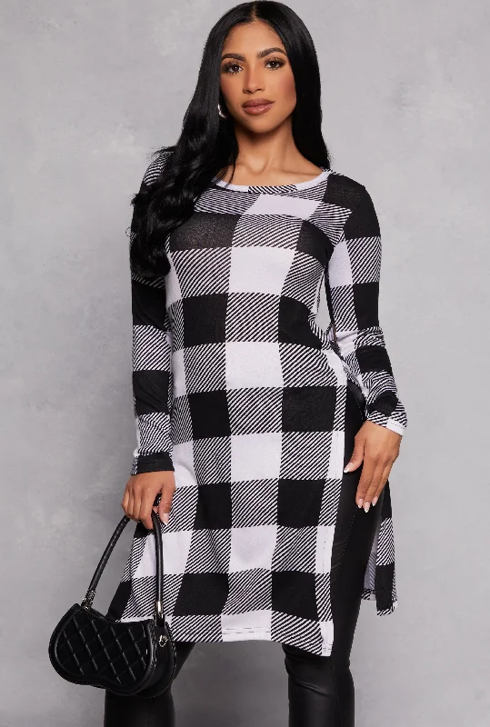 Plaid Long Sleeve Side Slit Tunic Top