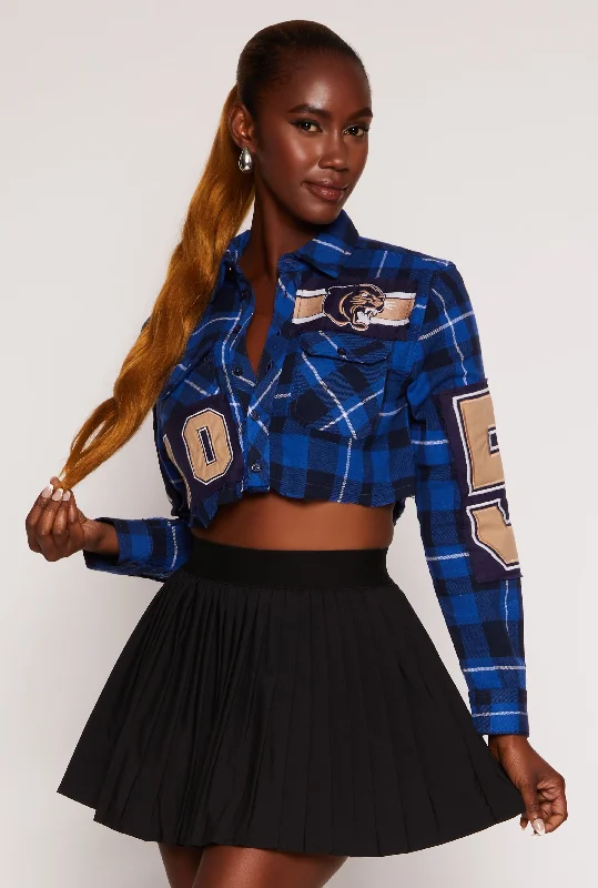 Graphic Patch Plaid Cropped Shirt