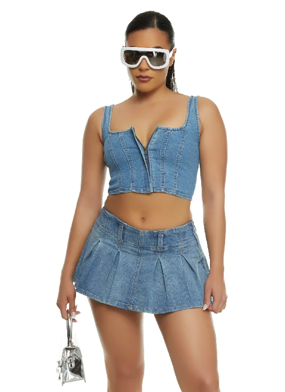 Denim Zip Up Bustier Crop Top