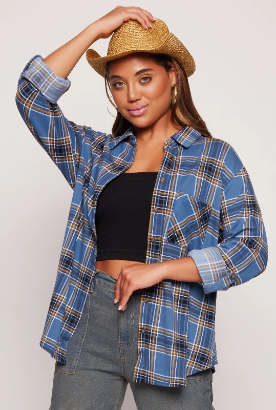 Plaid Button Front Tabbed Sleeve Shirt