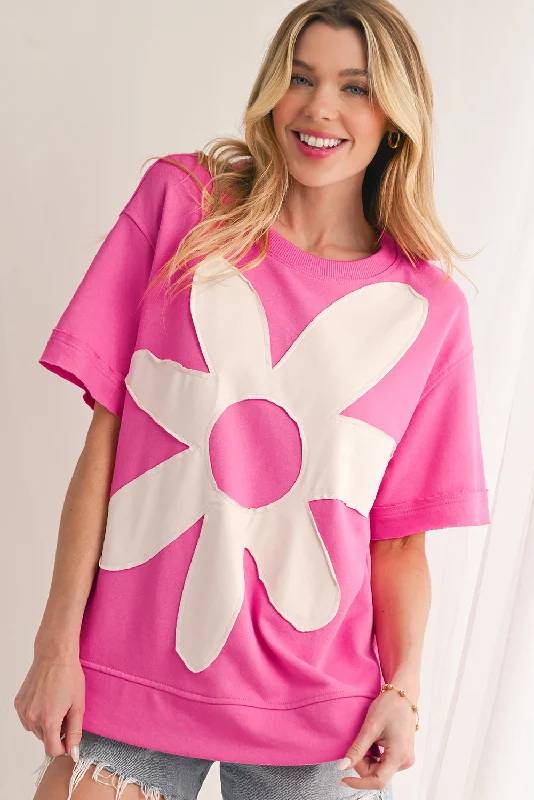 Sachet Pink 60s Flower Applique Slits T-Shirt