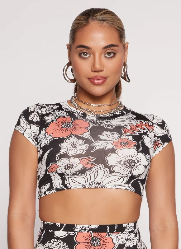 Floral Print Short Sleeve Crop Top