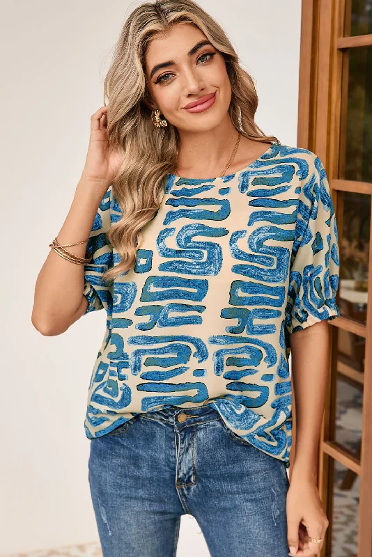 Beige Abstract Print Round Neck Dolman Blouse