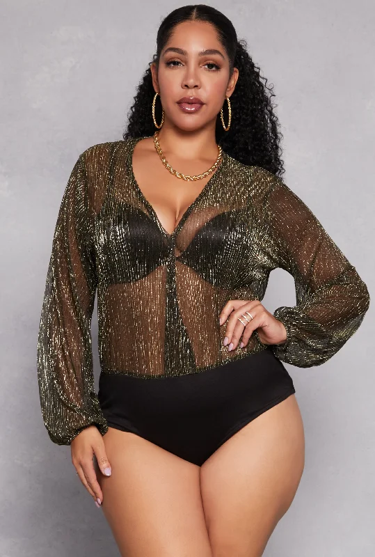 Plus Size Lurex Surplice Bubble Sleeve Bodysuit