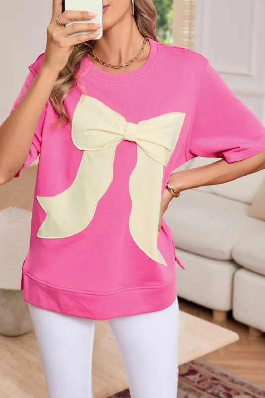 Strawberry Pink Sweet Bow Round Neck T-Shirt