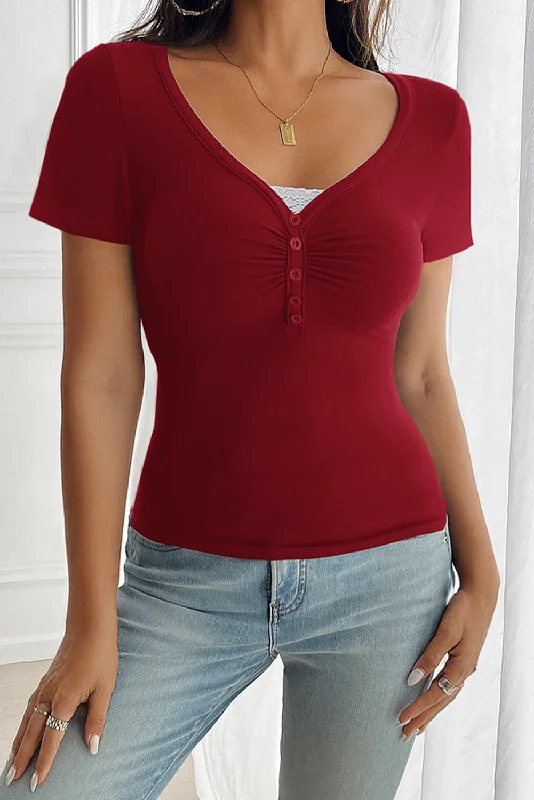 Red Dahlia Solid Color Lace Splicing V Neck T Shirt