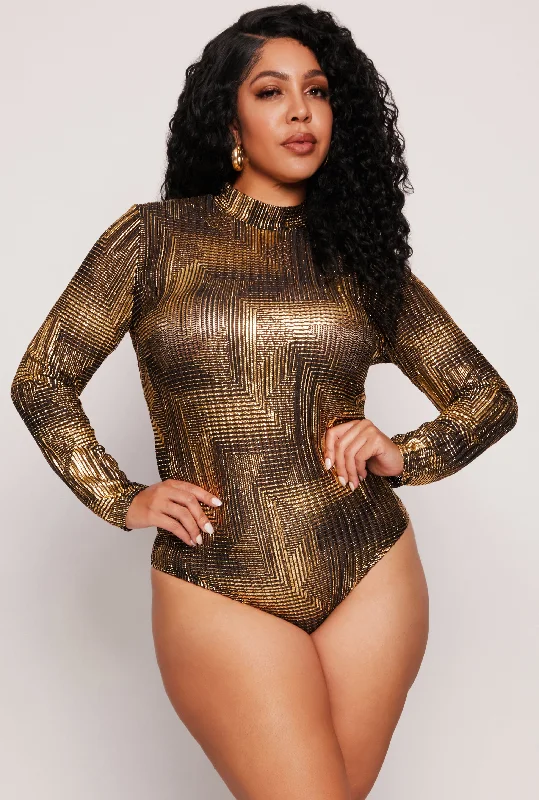 Plus Size Foil Screen Mock Neck Bodysuit