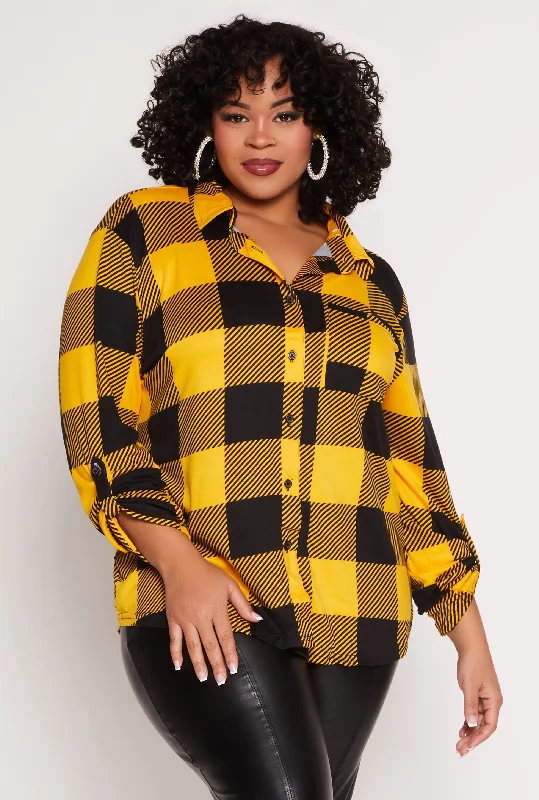 Plus Size Buffalo Plaid Tabbed Sleeve Shirt