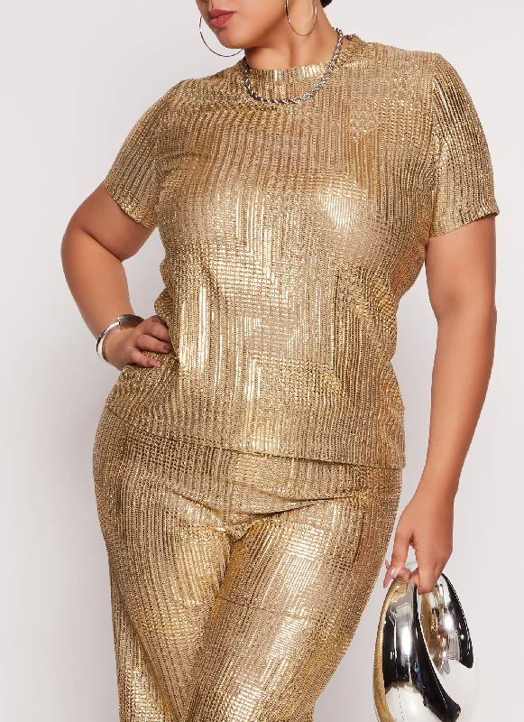 Plus Size Printed Foil Screen Short Sleeve Top