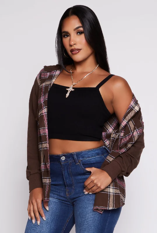 Plaid Button Front Hooded Shirt