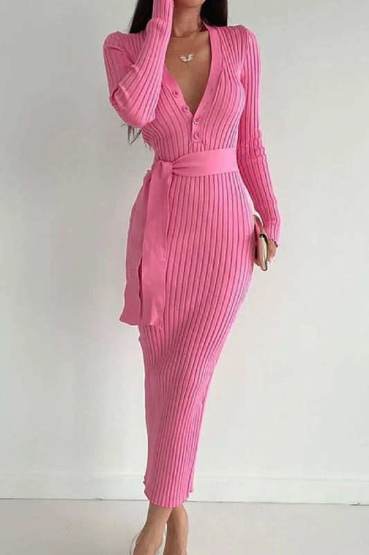 TastyHottie - Single-breasted Tie-waist Ribbed Knit Dress