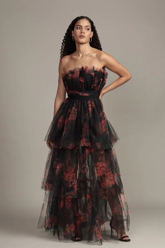 Natalia Tulle Maxi Dress in Black and Red Floral