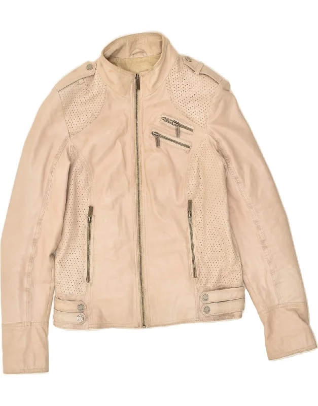 VINTAGE Womens Military Leather Jacket UK 10 Small  Beige Leather