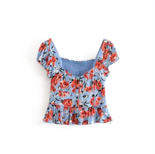 Low Cut Floral Shirt Colorful Printing Crop Tops In Bulk