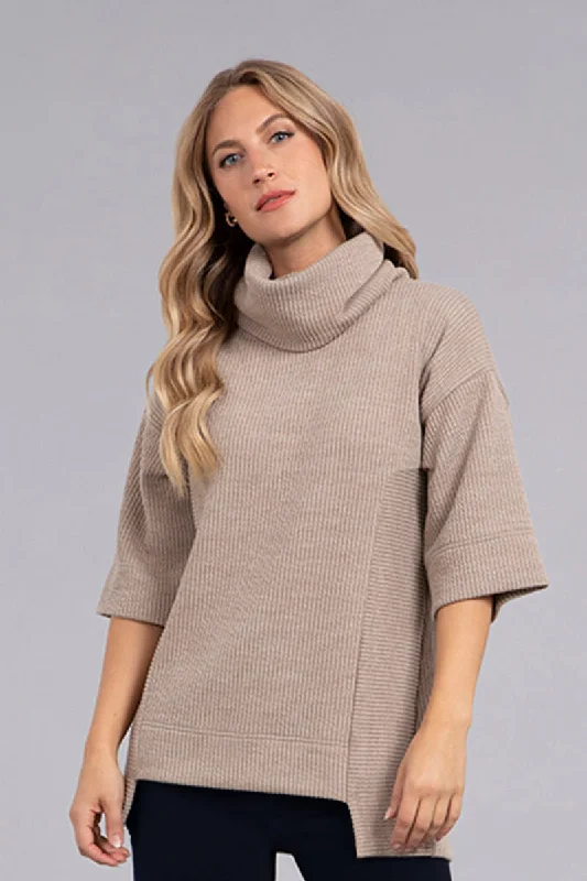 Step Hem Elbow Sleeve Rib Sweater | Camel