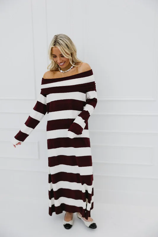 Boston Striped Midi Dress - Burgundy/Off White