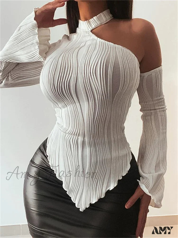 Amy Fashion - Flare Long Sleeve Ruched High Neck Off Shoulder  Irregular Hem  T-shirts