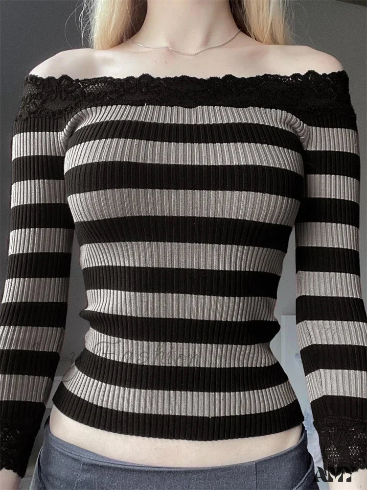 Amy Fashion - Casual Long Sleeve Retro Striped Off-Shoulder T-Shirts