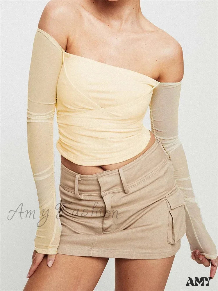 Amy Fashion - Slash Neck Off Shoulder Mesh See Through Long SleeveT-shirts