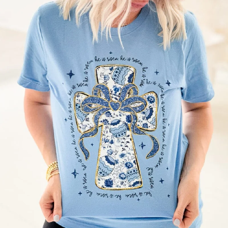 Blue He Is Risen Cross Graphic Tee