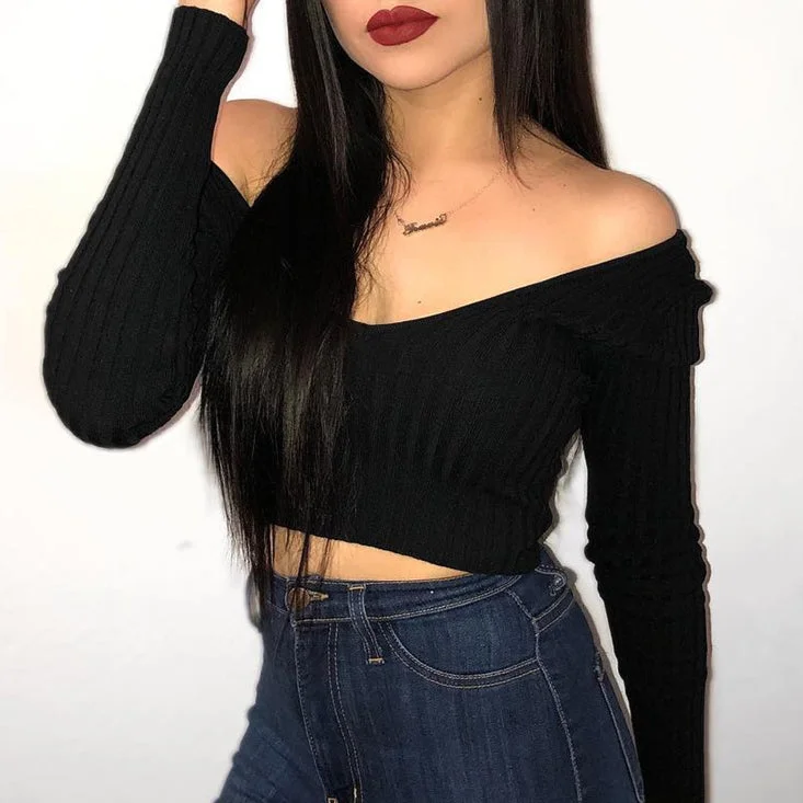 Full Sleeve Jersey Slash Neck Crop Top