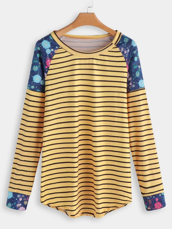 Custom Round Neck Stripe Floral Print Long Sleeve Curved Hem Yellow T-Shirts