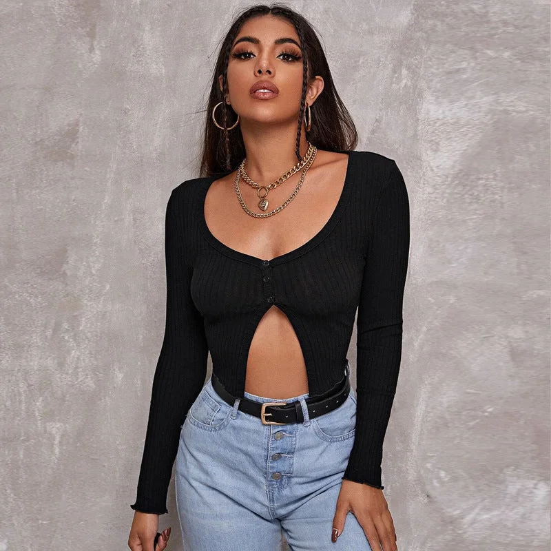 Solid Knitting Button Low Cut Crop Top