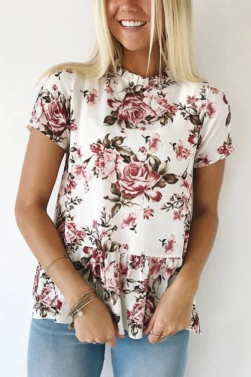 Custom Round Neck Floral Print Short Sleeve Flounced Hem White Top