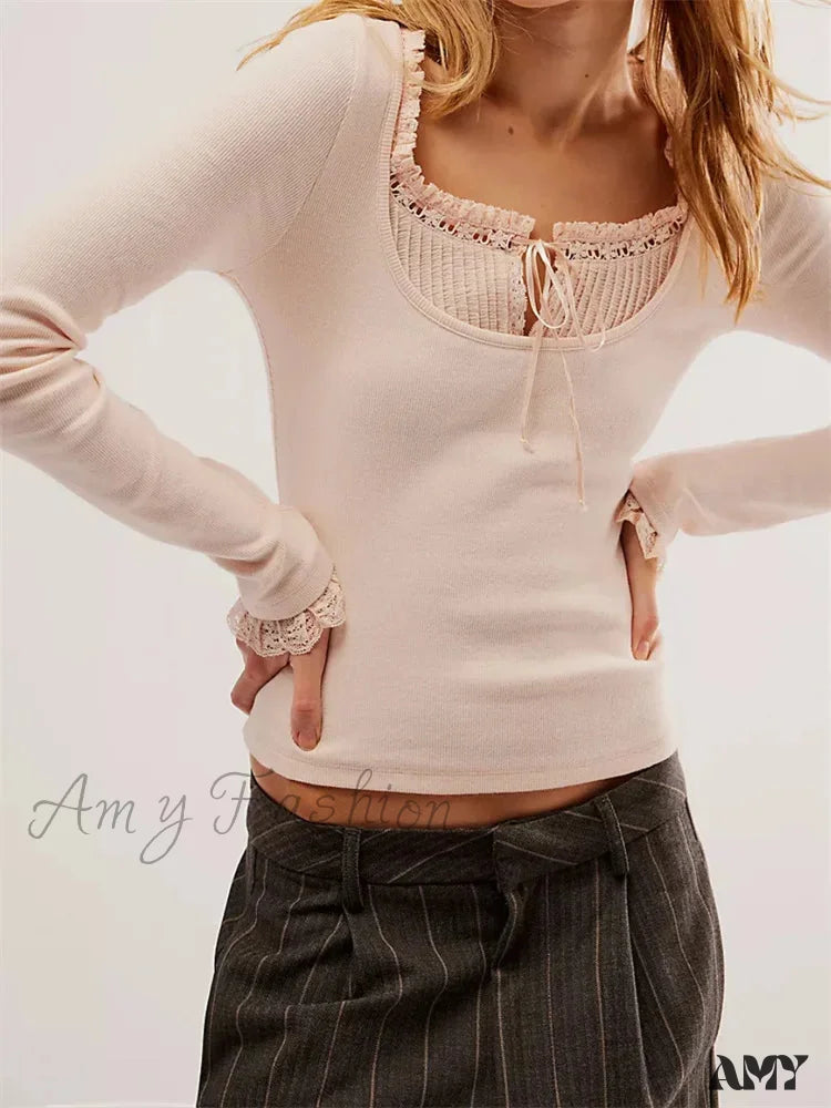 Amy Fashion - Lace Patchwork Long Sleeve Basic Casual Pullovers  T-shirts