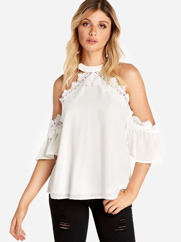 Custom Cold Shoulder Plain Lace Short Sleeve White T-Shirts