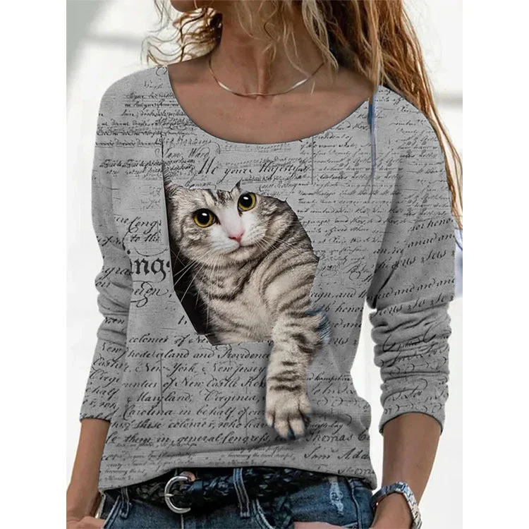 Printed Long Sleeve Round Neck Casual Womens Tops Wholesale T Shirts