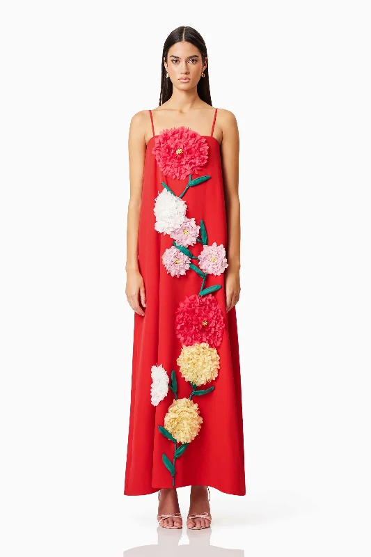 Buttercup Embroidered Maxi Dress In Red