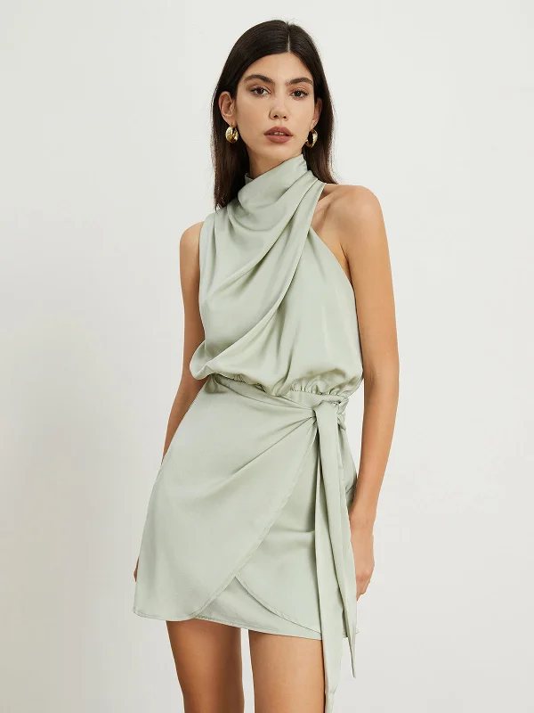 TastyHottie - Satin Mock Neck Ruched Short Dress