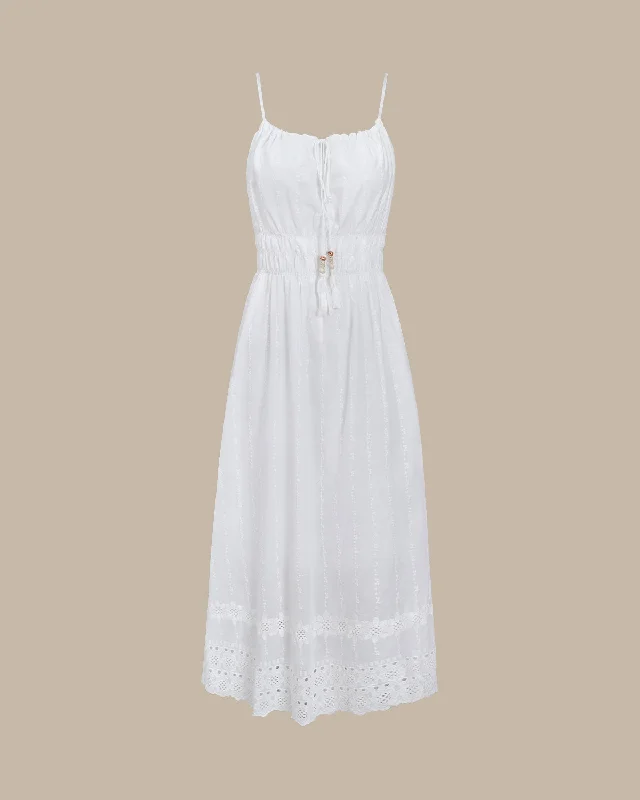 White Embroidery Shirred Slip Midi Dress