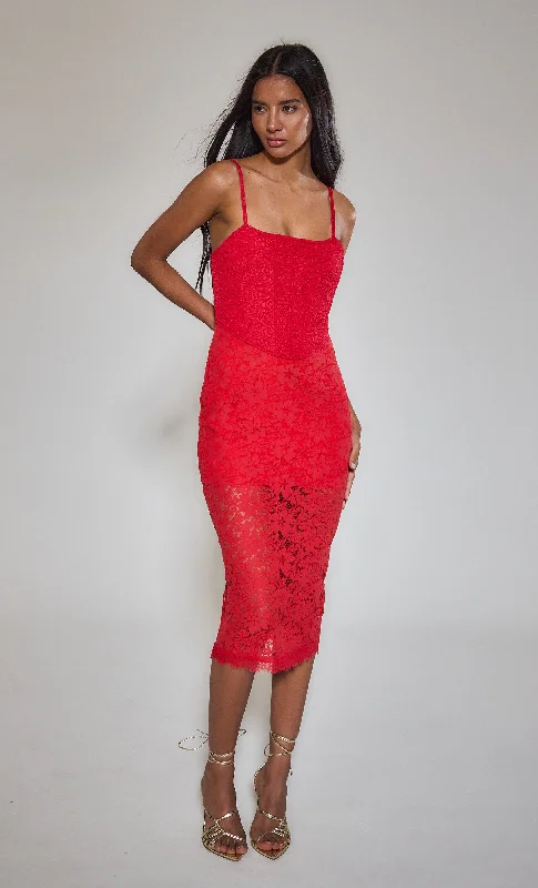 Red Lace Midi Corset Dress