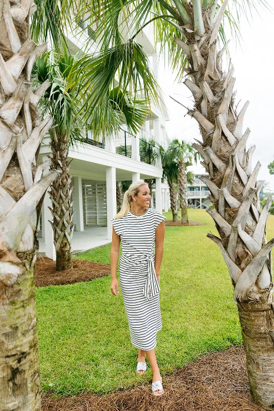 Stripe Tie Midi Dress - White/Navy